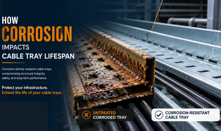 Corroded cable tray impact on lifespan by Hutaib Electricals