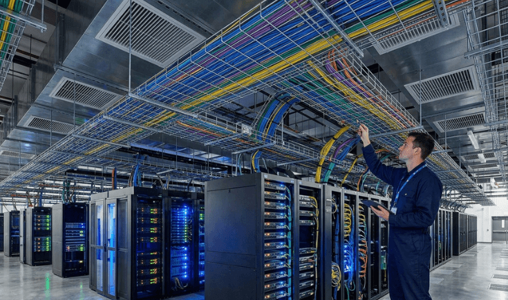 Wire mesh cable tray installation in modern data center